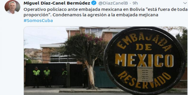 Presidente de Cuba condena operativo policiaco contra embajada de México en Bolivia