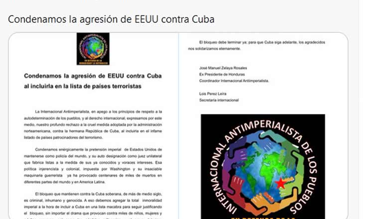 Condena Internacional Antiimperialista a inclusión de Cuba en lista terrorista