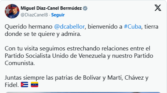 Presidente cubano da la bienvenida a Diosdado Cabello