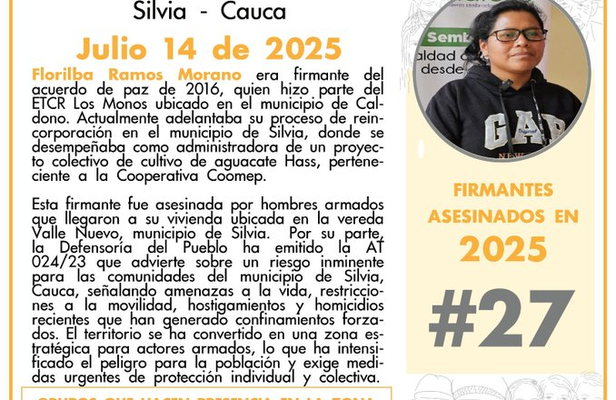 Colombia: Denuncian asesinato de firmantes de paz en el Cauca